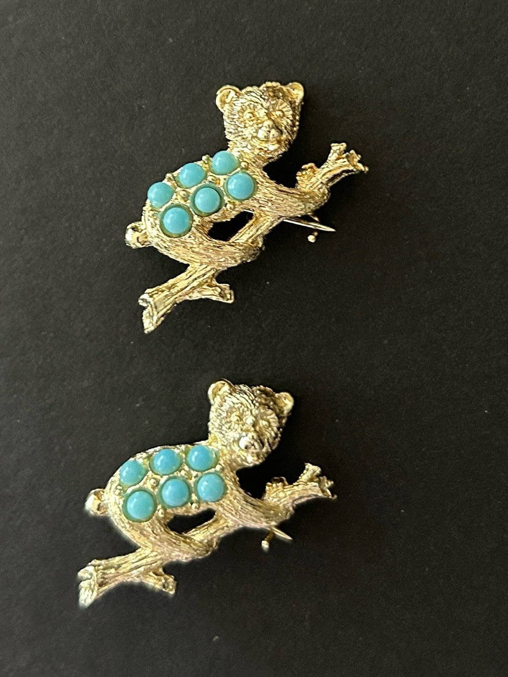 Vintage Set of Two Gold-Tone Bear Brooches with Turquoise Glass Accents